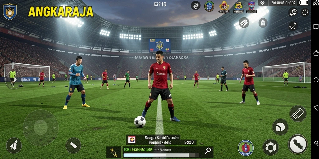 Tangkapan layar gameplay ANGKARAJA yang menampilkan aksi seru sepak bola.