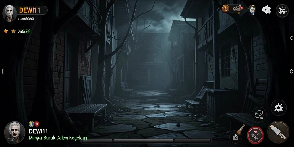 Screenshot gameplay DEWI11 menampilkan kegelapan dan ketegangan yang mencekam.