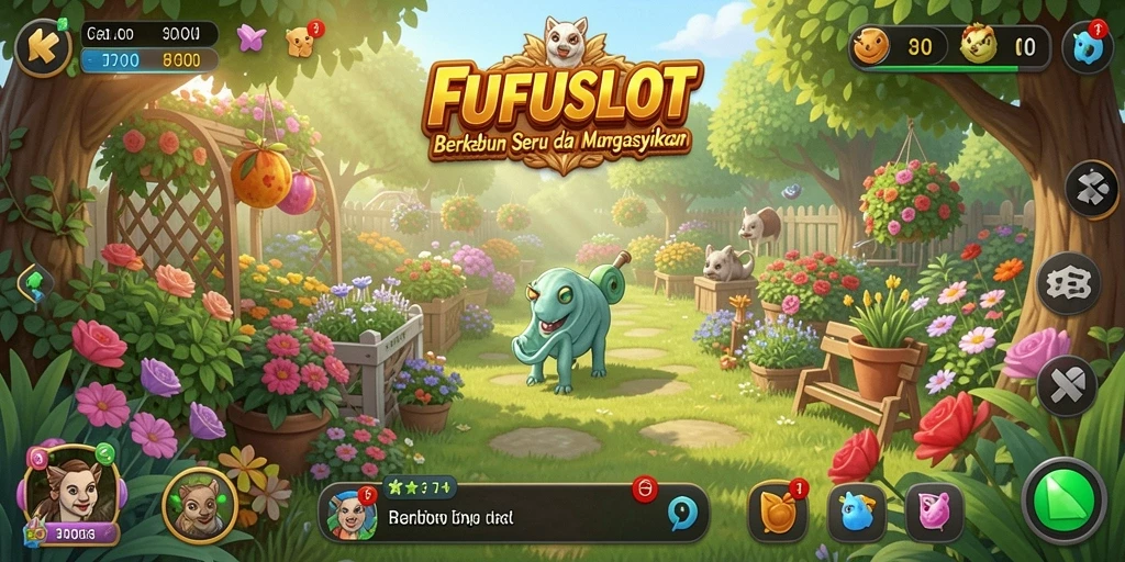 Tampilan utama gameplay FUFUSLOT dengan ladang yang subur dan tanaman beragam.