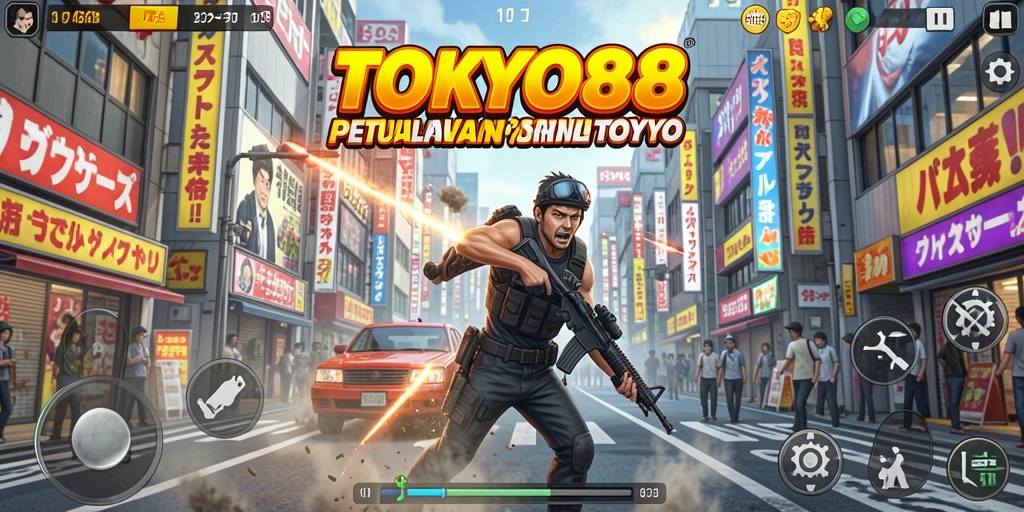 Tampilan gameplay seru di dunia Tokyo yang futuristik.